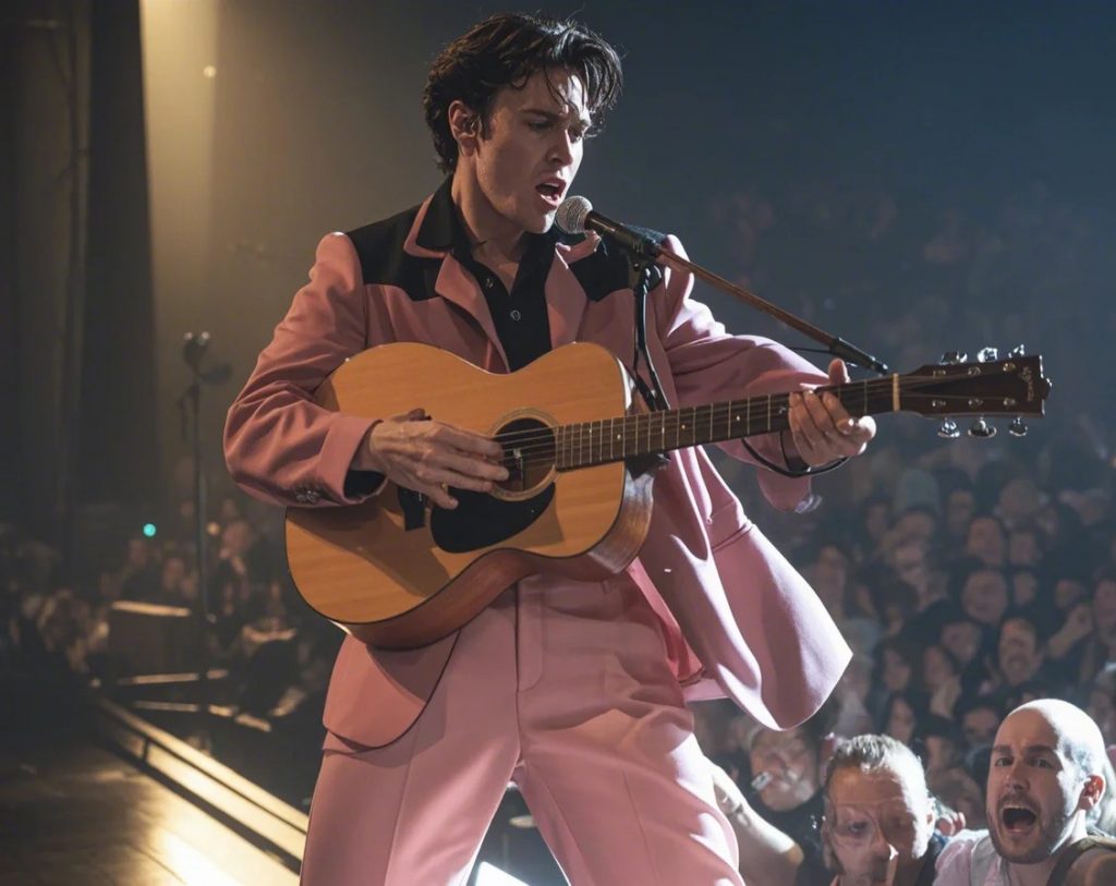 Austin Butler as Elvis Presley performing on stage