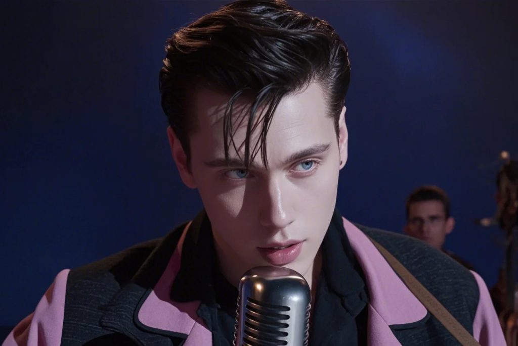 Austin Butler as Elvis Presley performing on stage